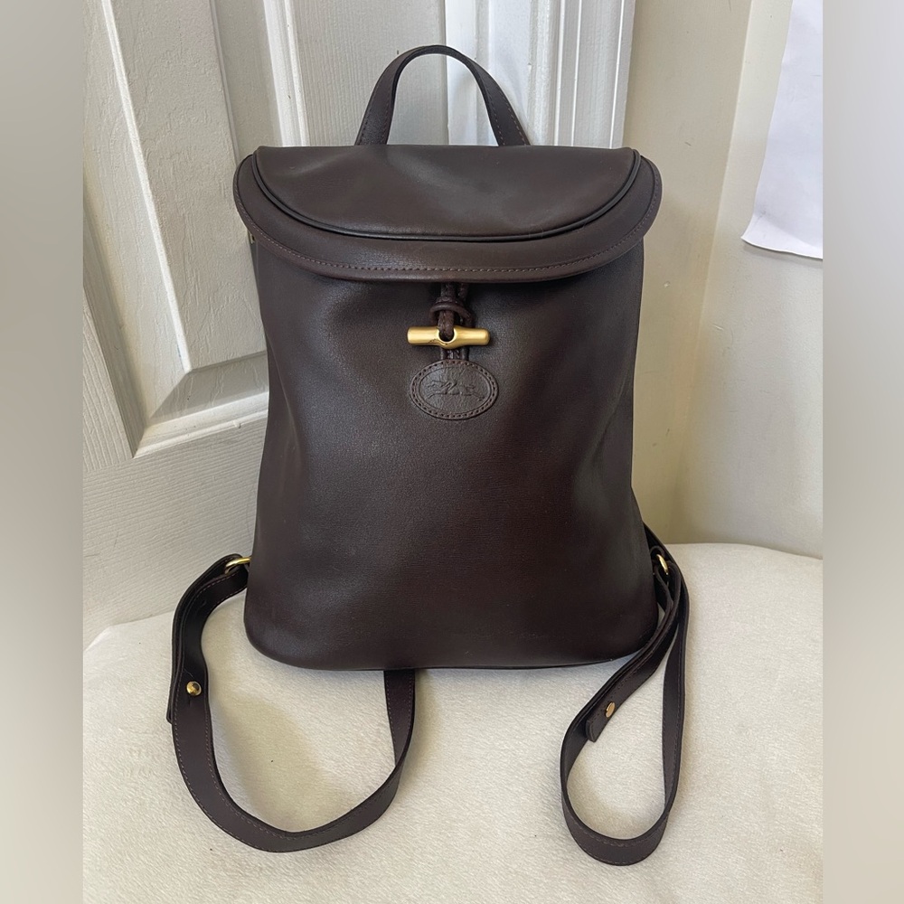 Longchamp Dark Brown Vintage Leather Backpack with Brass Toggle